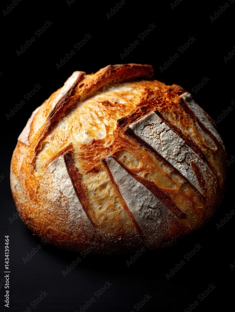 Poster artisan sourdough bread loaf with a golden crust against a dark background creating a rustic and inv