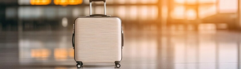 A sleek, modern suitcase stands alone in an airport, highlighting travel readiness and minimalist design against a softly lit background.