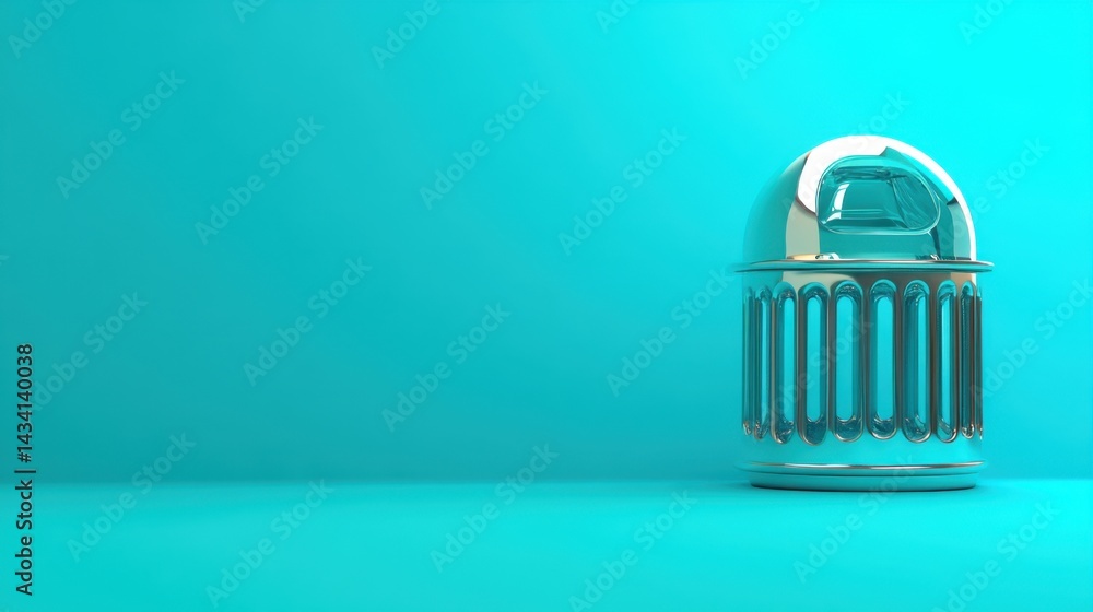 Poster metallic trash bin on a turquoise background conveying cleanliness and environmental responsibility 