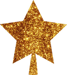 Golden glitter star tree topper, sparkling with festive shine, ideal for decorating Christmas trees and adding a touch of elegance to holiday decor. Isolated on transparent background, png file.