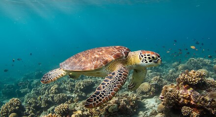 Naklejka premium Sea Turtle Swimming Underwater Near Reef