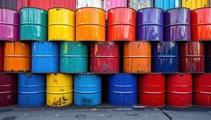 Vibrant array of colorful oil drums in urban setting