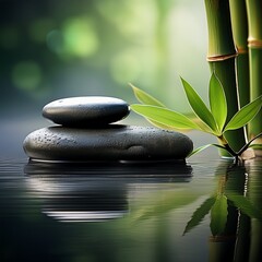 Zen-Moment – Glatte Steine und Bambus auf Wasseroberfläche