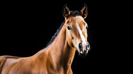 Fototapeta premium Portrait Of Young Chestnut Foal Against Black Background