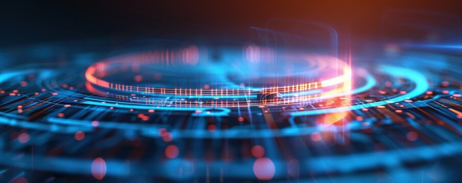 A vibrant, futuristic digital abstract image featuring glowing blue and orange elements, representing technology and data visualization. - Powered by Adobe
