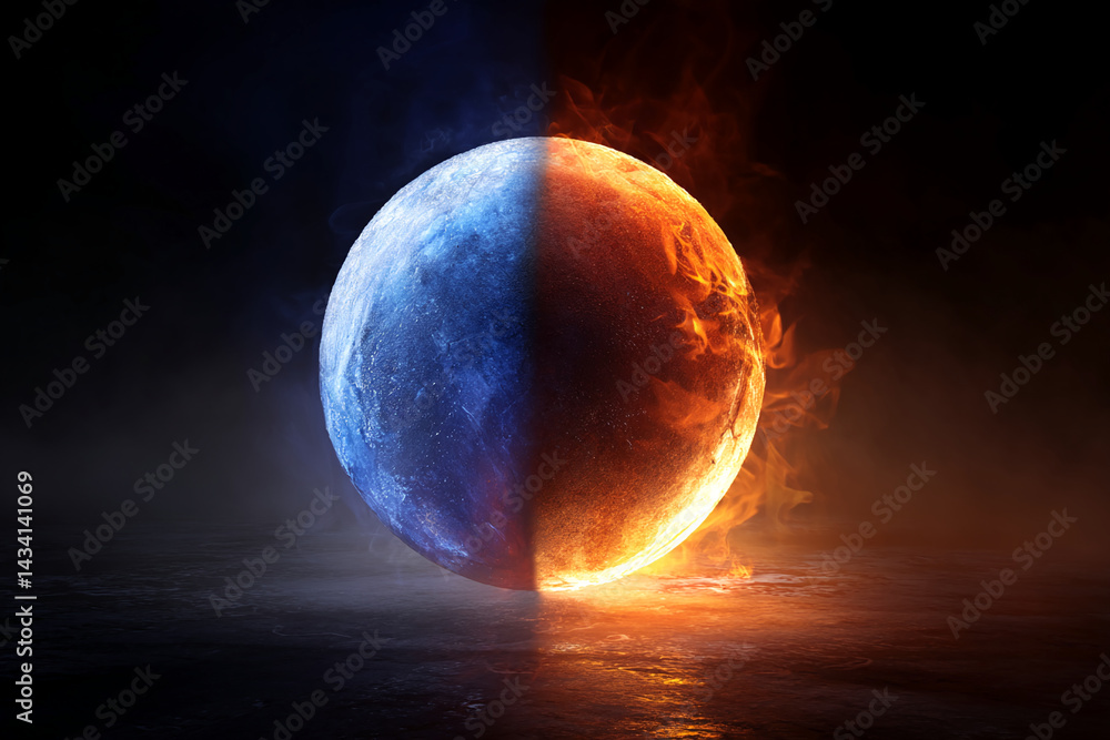 Poster half-frozen, half-fiery sphere on dark background, showcasing contrasting elements of ice and fire, 