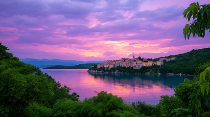 Picturesque coastal town at sunset with vibrant pink sky and calm water