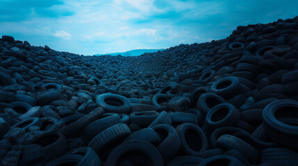 Obraz premium Pile of old tires for rubber recycling. Treatment of used tires and wheels in an industrial landfill.