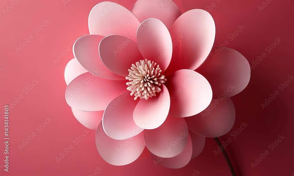 Poster blooming paper flower animation on pink background in macro view