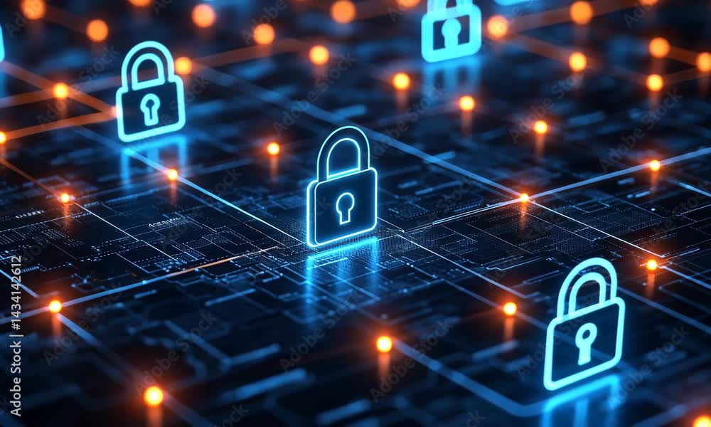 Poster futuristic cybersecurity lock icons on digital circuit board with dynamic light network