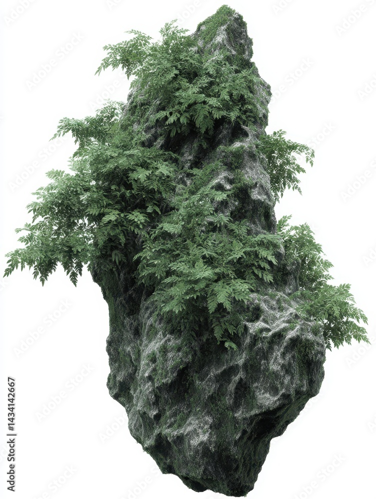 Poster serene floating rock island adorned with lush green foliage against a pristine white backdrop creati