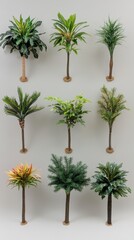 Fototapeta premium Collection of diverse artificial trees against a neutral background showcasing indoor plant decor and botanical design for home and office spaces with a minimalist aesthetic