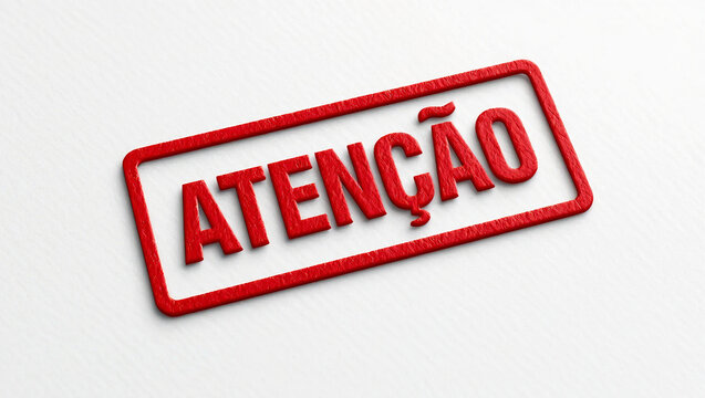 Carimbo de borracha vermelho com a palavra "ATEN&Ccedil;&Atilde;O" em destaque sobre fundo branco, simbolizando alerta, aviso ou mensagem importante.

