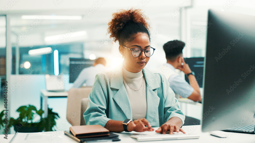 Poster Coding, woman and typing on computer in office for app development, software maintenance and testing website. Professional, employee and technology for database troubleshooting, programming or update
