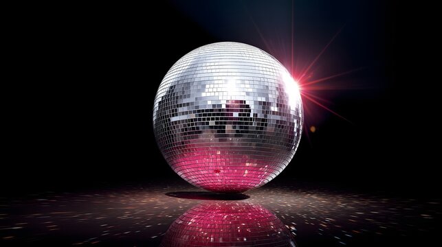 Spiegelnde Discokugel mit pinkem Lichteffekt auf dunklem Hintergrund
