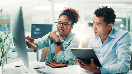 Computer, tablet and research with business people in office for gaming developer, programming...