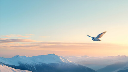 Fototapeta premium Majestic Owl Soaring Over Snowy Mountains At Sunrise