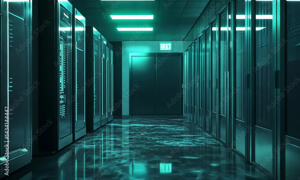 Poster neonlit data center corridor with reflective floors and symmetrical design