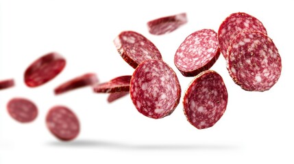 Slices of salami falling on white background.