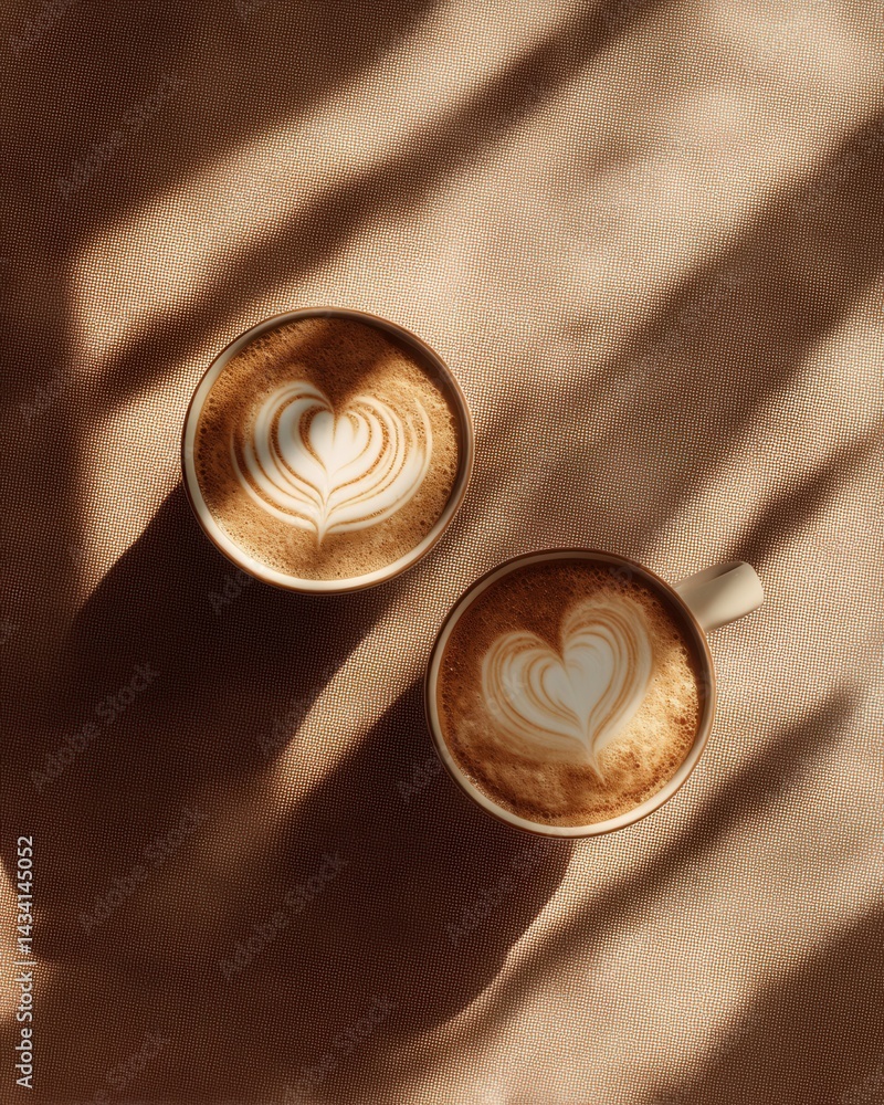 Aufkleber two cups of cappuccino with heart shaped latte art on a beige fabric background with window shadows 