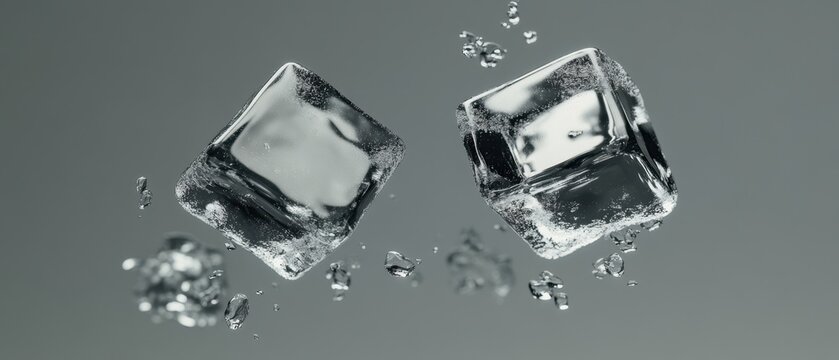 Two ice cubes floating in water creating a refreshing and invigorating mood with a minimalist gray background and a close up shot for stock photography