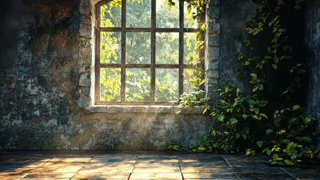 Sunlit room in a dilapidated stone building, overgrown with ivy
