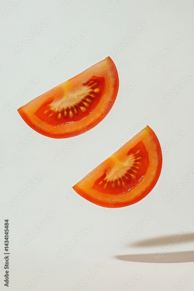 Poster two vibrant tomato slices floating on a clean white background creating a minimalist aesthetic with 