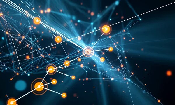 Dynamic digital network: blue and orange light connections in motion