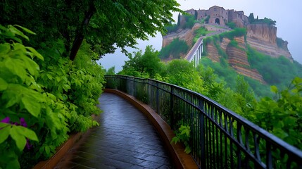 Fototapeta premium A winding path through lush greenery leading to a historic hilltop village, shrouded in mist
