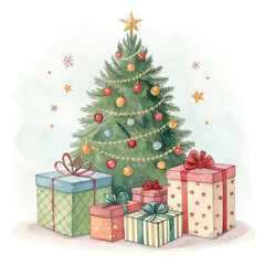 Watercolor Christmas gift boxes with decorated tree isolated on transparent background perfect for holiday designs