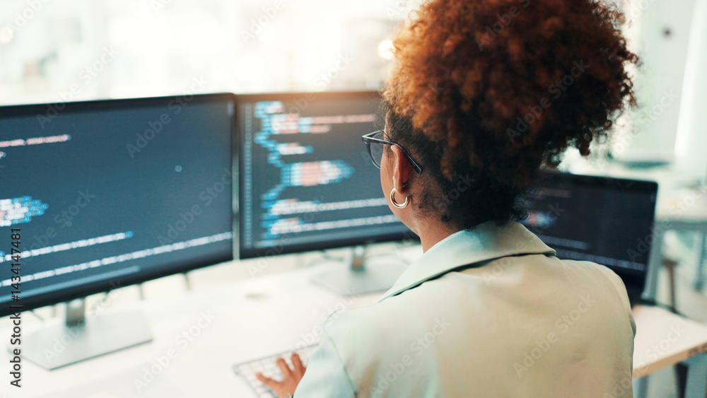 Aufkleber Programmer, woman and computer screen with typing in office for writing code, app development and debugging. Back, programming and employee with data analytics for software testing and system update