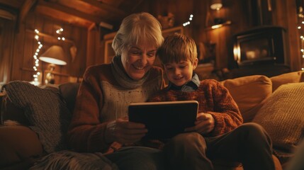 Grandmother with a tablet and her grandson in the house