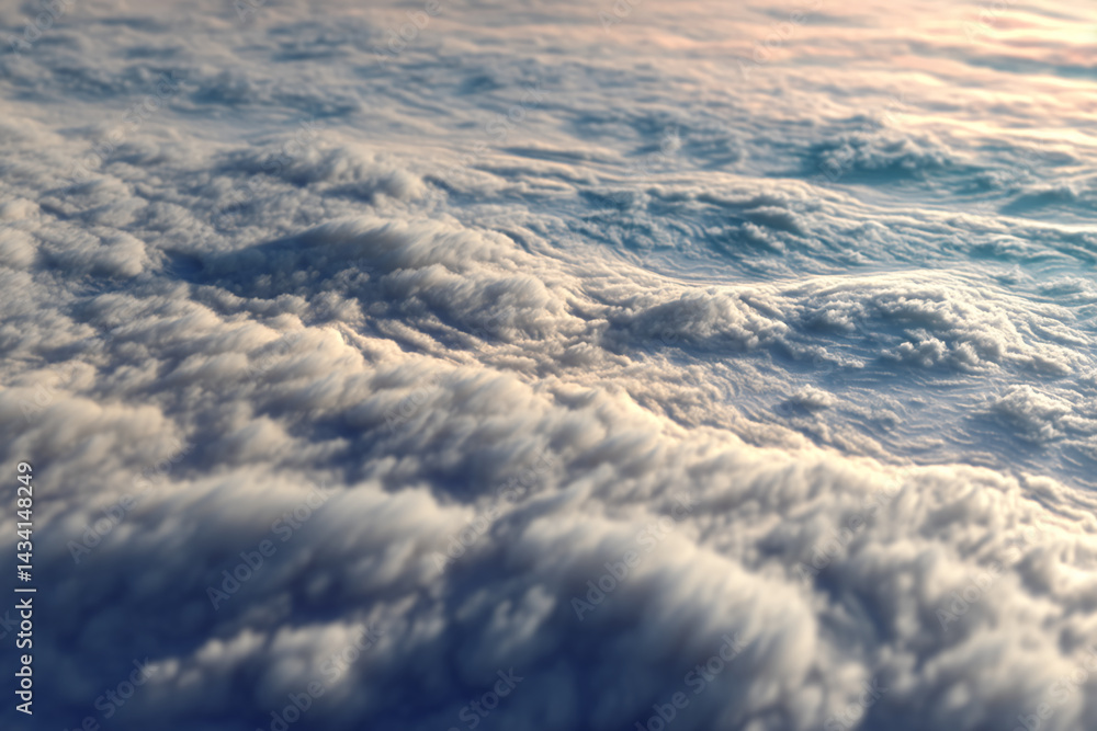Poster aerial view of textured cloudscape, showing soft, white and gray cloud formations illuminated by sun