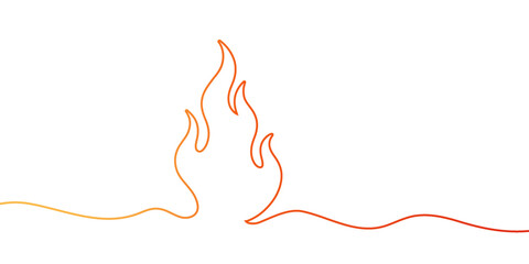 Simple continuous line drawing of a flame in gradient orange and red, symbolizing fire or heat. Vector illustration