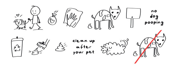 Set of hand drawn clip art, dog poop clean up. Doodle style, childish art collection