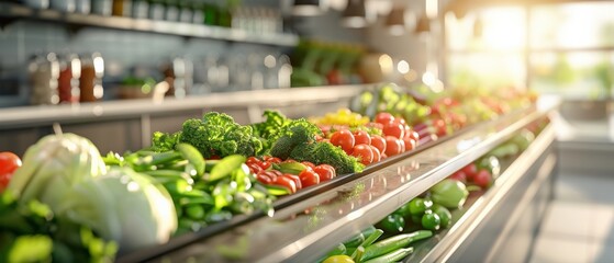 A vibrant display of fresh vegetables and fruits in a market setting, illuminated by sunlight, showcasing healthy food options.