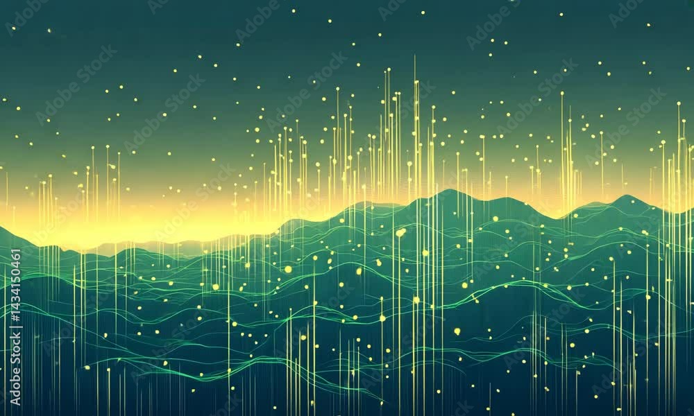 Poster mesmerizing digital landscape with dynamic neon waves and particles