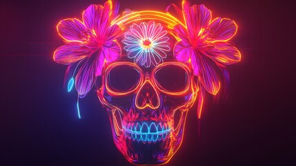 Neon Sugar Skull with Flowers: A vibrant, neon sugar skull adorned with glowing flowers, perfect for Day of the Dead celebrations or artistic projects.