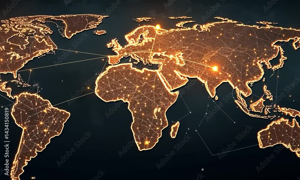 Poster global network: a luminous world map showcasing interconnectedness