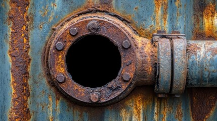 Rusty metal texture with a circular hole and pipe.