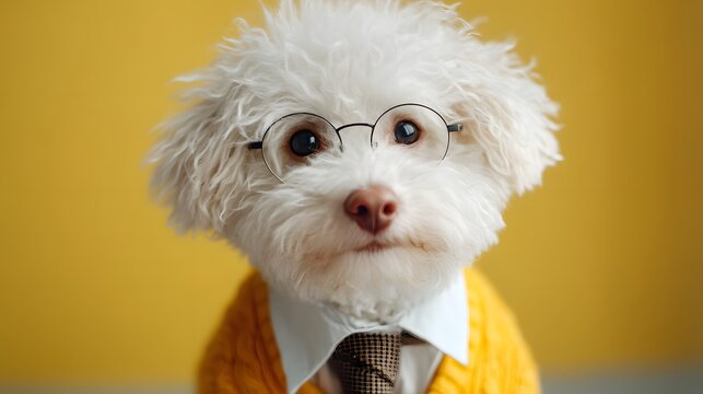 Niedlicher wei&szlig;er Hund mit Brille und gelbem Pullover vor gelbem Hintergrund
