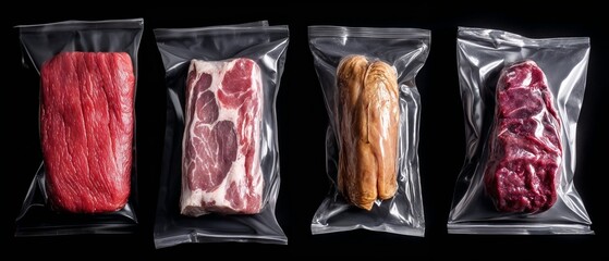 Various Cuts of Beef Packaged for Freshness Against Black Background  
