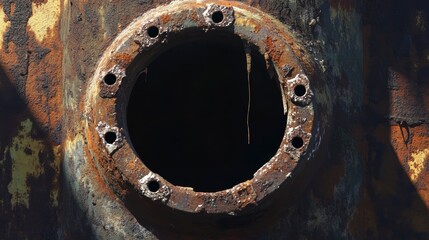 Close-up of a rusty, circular metal hatch with holes on a weathered surface.