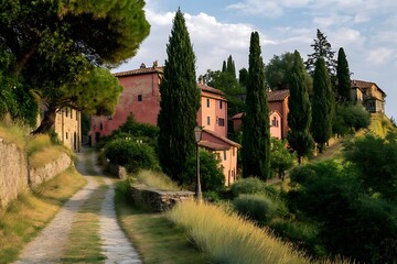 Charming hillside tuscan path with cypress trees and village  
