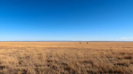 Expansive Golden Field Under A Vibrant Blue Sky With Scattered Cattle and A Distant Horizon