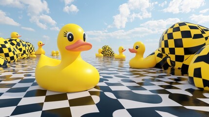 Surreal scene with yellow rubber ducks floating on a checkered water surface under a blue sky. Concept of whimsy, childhood, and playful imagination.