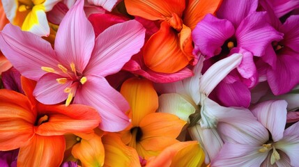 Fototapeta premium Vibrant floral arrangement featuring a mix of pink orange yellow and white flowers in a close up shot creating a colorful and natural background perfect for spring