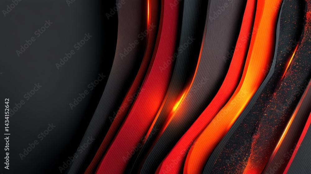 Poster dynamic abstract background with vibrant red and orange hues flowing through textured dark gray laye