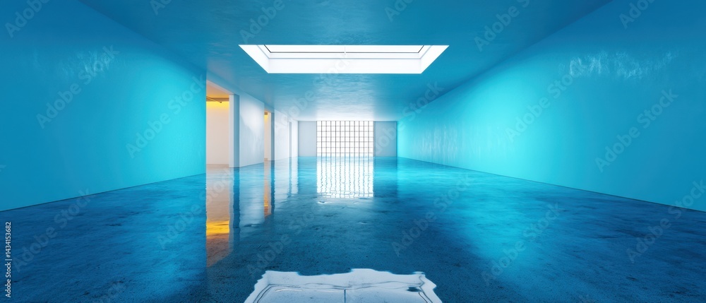 Poster serene turquoise corridor with reflective floor and skylight casting ethereal light in minimalist ar