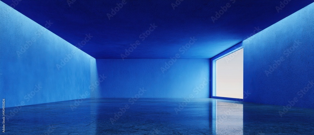 Poster empty blue room with a window showing a bright sky creating a serene and minimalist interior space w